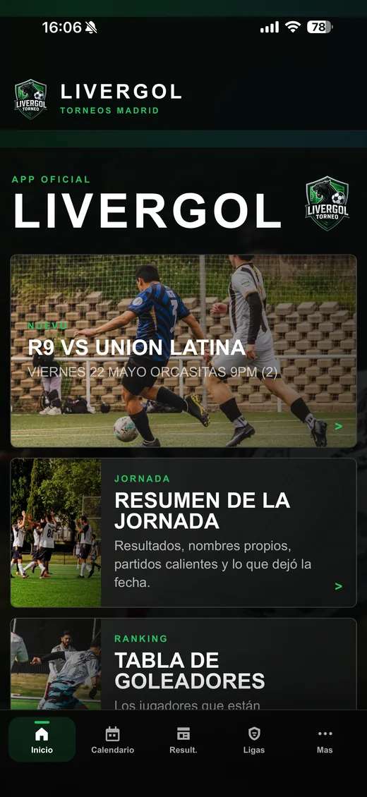 Captura de la app Livergol